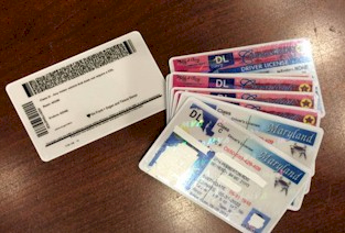 table full of fake id cards from netidreview.com